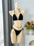 Sexy Mesh Cover Up 3 Piece Bikinis Sets 2026 Women Black Metal Chain Strap Push Up Thong Swimsuit Holiday Bathing Suit Swimwear