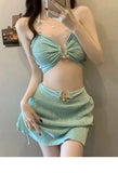 Korean Cover Up 3 Piece Bikini Set 2025 Swimwear Women Green Metal Strap Push Up Drawstring Skirt Swimsuit Beach Bathing Suits