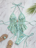 DEKA Summer Sequins Floral Halter Bikini Women's Sexy Backless Swimwear with Tie Detail Summer Strappy Two Piece Bathing Suit