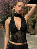FDYOUI Woman Clothes Elegant Bandage Mesh Corset Tops 2026 Female Halter V-neck Lace-up Tank Top Black T-shirt Y2K Streetwear
