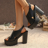 Black Peep Toe Thick High Heel Sandals Women Fashion Back Strap Chunky Platfrom Sandles Woman Plus Size Cross Strap Rome Sandals