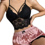 2 Pcs/Set Women Pajama Set Hollow Out Lace V Neck Sleeveless Crop Top High Waist Satin Shorts Anniversary Sleepwear Outfits