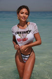 Cherry Print Mesh Short Sleeve Bikini Female Swimsuit Women Swimwear Three-pieces Bikini Set Micro Bathing Suit Swim Beachwear