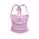 New Women's Fashion Sexy Backless Halter Neck Tie-up Ruched Tube Top Ultra-short Camisole Top In Solid Color Pure Desire F1MR