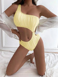Wrinkled Asymmetric One Shoulder Female Swimwear One Piece Swimsuit Women Monokini Bather High Cut Out Bathing Suit Swim Lady