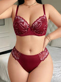 Plus Size Wine Red Lace Bra Set Soft Underwire Push Up Gather Uplift Anti Sagging Sexy Lingerie 2 Piece Panty Set