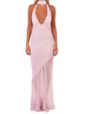 Women's Summer Dress Dot Print Backless Halter Slim Fit Long Dress with Scarf Party Elegant Dresses