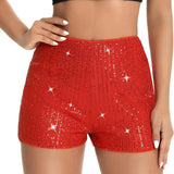 Women Shorts Shiny Sequin High Elastic Waist Straight Slim Fit Soft Breathable Above Knee Length Club Party Beach Mini Shorts