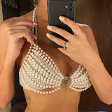 Luxury Pearls Halter Hollow Out See Through Bikini Top Female Swimsuit Women Swimwear Bather Bathing Suit Swim Beach Top V5409