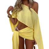 2Pcs/Set Summer Women Cover-Ups Sloping Shoulder Long Sleeve Tops High Waist Lace-up Mini Skirt Set UV Protection Beach Outfit