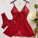 Ultra Sexy Lingerie Women Lace SeeThrough Nightdress Erotic PajamasSolid Soft Slim V Neck Sleepwear Summer Dress & Thong Kit