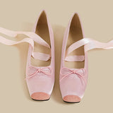 Balletcore Style Satin Lace-Up Flats for Women Black Ballerina Bow Detail Square Toe Ankle Wrap Ribbon Ballet Coquette Shoes