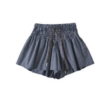 Korean Women's Casual Shorts With Elastic Waist And Drawstring Pleated Plaid A-line Wide-leg Hot Pants For Trendy Girls EHL7