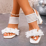Fashion Flowers High Heel Sandals Women Summer Elastic Strap Slip On Thick Heeled Sandals Woman Plus Size Square Toe Party Shoes
