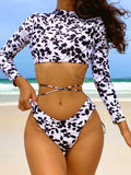 2026 Floral Bikinis Women Long Sleeve Swimsuit Backless Swimwear Female Bathers Bathing Swimming Suit Summer Beachwear