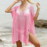Short Sleeve V Neck Hollow Out Crochet Knitted Tunic Beach Dress Beach Wear Beachwear Beach Cover Up Cover-upsFemale Women V8061