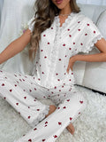 Women Sleepwear Black Lace Trim Cherry Print 2 Piece Pajamas Set Short Sleeve Top & Full-Length Pants Homewear