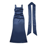 Pure Desire Style Collarbone-revealing Strapless Long Dress Feminine And Slim-fitting With Pleated Waist Tie Straps Bodycon LWIO