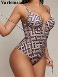 S - XL Printed Underwired V Neck Women Swimwear One Piece Swimsuit Female Lace Up High Leg Cut Bather Bathing Suit Swim V7552