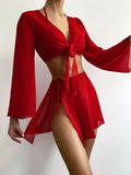 4PCS with Mesh Sarong Cover Up Long Sleeve Bikini Female Swimsuit Women Swimwear Four-pieces Bikini Bathing Suit Swim Beachwear