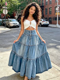 Women's Vintage Denim Midi Skirt High Waist Irregular Ruffle A Line Jean Skirt for Summer Spring