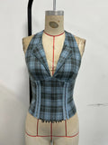 Phantasy Retro Red Plaid Halter Tank Top Women Sexy V neck Backless Crop Top European Style Lace up Camisole 2026 Summer Clothes