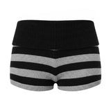 Summer Women's Trendy Shorts Foldover Waistband Striped Knit Shorts Beach Casual Streetwear