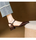 Plus Size 34-41 Women's Sheepskin Narrow Band T-strap Square Toe Summer Sandals 3.5cm Thick Low Heel Elegant Ladies Dress Shoes