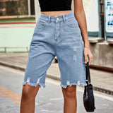Women’s Ripped Bermuda Denim Shorts Solid Color Casual High Waist Raw Hem Knee Length Jean Shorts Streetwear