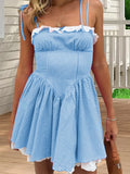 Summer Plaid Mini Cami Dress for Women Fashion Slim Ruffle Trim Tie-up Spaghetti Strap A-line Dresses for Daily Party