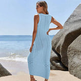 S - XL 2025 V Neck Hollow Out Crochet Knitted Tunic Beach Cover Up Long Cover-ups Beach Dress Beach Wear Beachwear Female Women