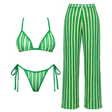 3Pcs Striped Bikini 2026 Bandeau Biquini Women Sexy Swimsuit Push Up Swimwear Female Mesh Pants Bathing Suit Cover Up Beachwear