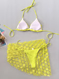 Women Yellow flower Bikinis Sets Three Pieces with Perspective Mesh Cover Skirt Halter String Swimsuit Bathing Suit Biquini