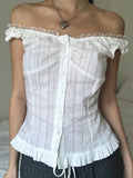 Phantasy Y2K Women Tops White Lace T-Shirt Button Tees Vintage French Style Tops 2025 Spring Summer Tops Female Streetwear