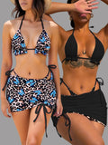 Summer Leopard Patchwork Women's 3 Pieces Suit Swimwear Sexy Halter Lace-up Micro Bikini Set+skirt Cover Up Reversible Beachwear