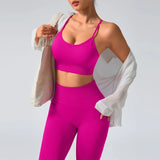 2 pcs/set Seamless Tight Pants Set Rose Red Tank Top Outfit Women's Clothing Breathable  Trousers  Athleisure Fitness Pants