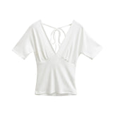 Spring Korean Slim Fit Deep V Neck Tie-Up Clean Face Crop Top Short Sleeve Pullover T-Shirt Base Shirt Solid Color Fashion RM7O
