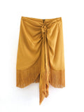 Foridol High Waist Bodycon Tassel Mini Skirt Women Summer Spring Irregular Slit Brown Short Bowknot Skirt Ladies Bottoms Brown