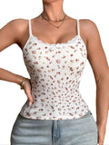 Women Ribbed Floral Cami Top Sleeveless Spaghetti Strap Tank Top Summer Slim Fit Comfy Casual Lace neckline Camisole