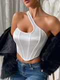 New White Off-the-shoulder Elegant Style Satin Spicy Girl Halter Neck Tank Top Women's Sexy Fishbone Shaping Small Tank Top 1FES