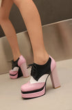 Bright Patent Leather Patchwork White PU Lace Up High Heels with Breathable Lining, Wavy and Serrated Patterns, Sweet Pumps