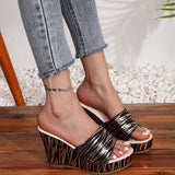 Fashion Stripe Print Thick Bottom Slippers Women New Wedge Chunky Platform Sandals Woman Summer Daily High Heel Slides Female
