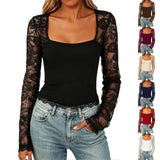 Women'S Sexy Lace Patchwork Square Collar Long Sleeve T-Shirt Elegant Sheer Mesh Slim Fit Cropped Top Spring/Fall 2026 Basic Top