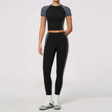 Nake Yoga Set Women's Tracksuit Color Contrast Short Sleeve Slim Sports T Shirts High Waist Leggings Fitness Clothes Gym Outfits