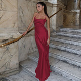 FDYOUI Women's Bandage Long Maxi Satin Dress Black 2026 Sexy Spaghetti Strap Slash Neck Backless Lace-up Party Evening Dresses
