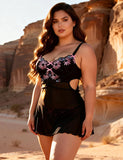 Black Floral Embroidered Mesh Chemise for Women Underwire Push Up Adjustable Back Closure Sleepwear with Panties Plus Size