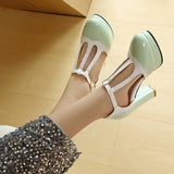 Spring Autumn New Style Fashion High-heeled Women's Shoes Color Block Round Head Shallow Mouth Buckle Square Heel Women's Shoes
