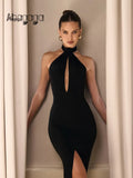 Ahagaga Sexy Halter Women's Maxi Dresses Solid Hollow Out Sheath High Split Party Backless Elegant Tight Fitting Hip Hugging