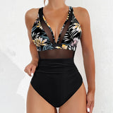 S - XL New Sexy Mesh Sheer V Neck Women Swimwear One Piece Swimsuit Female High Leg Cut Monokini Bather Bathing Suit Swim V5136