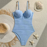 Vintage Beige Ribbed One Piece Swimsuit 2026 Women Beading Strap Underwire Tummy Control Swimwear Beach Holiday Bathing Suits